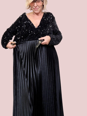 SUSY STAR - ABITO LUNGO CON TOP IN PAILLETTES E GONNA PLISSÉ  DUE ANIME, UN SOLO WOW STLS2117/ NERO SUSY STAR 