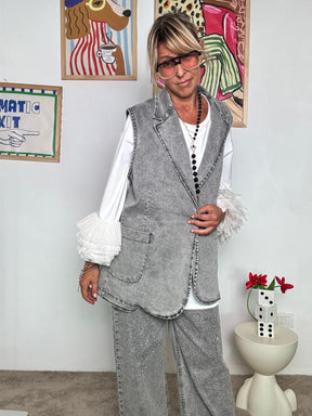SUSY STAR - Gilet Denim Effetto Lavato con Dettagli Glitter  Rock Chic da Indossare! ST3021/ GRIGIO SUSY STAR 
