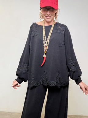 DEJA VU - Maglia Morbida con Inserti in Pizzo  Romantica, comoda e scenografica A25DL423/ NERO DEJA VU 