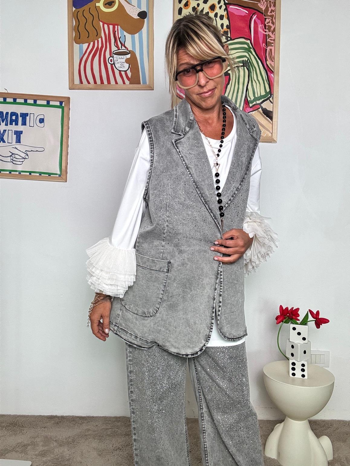 SUSY STAR - Gilet Denim Effetto Lavato con Dettagli Glitter  Rock Chic da Indossare! ST3021/ GRIGIO SUSY STAR 