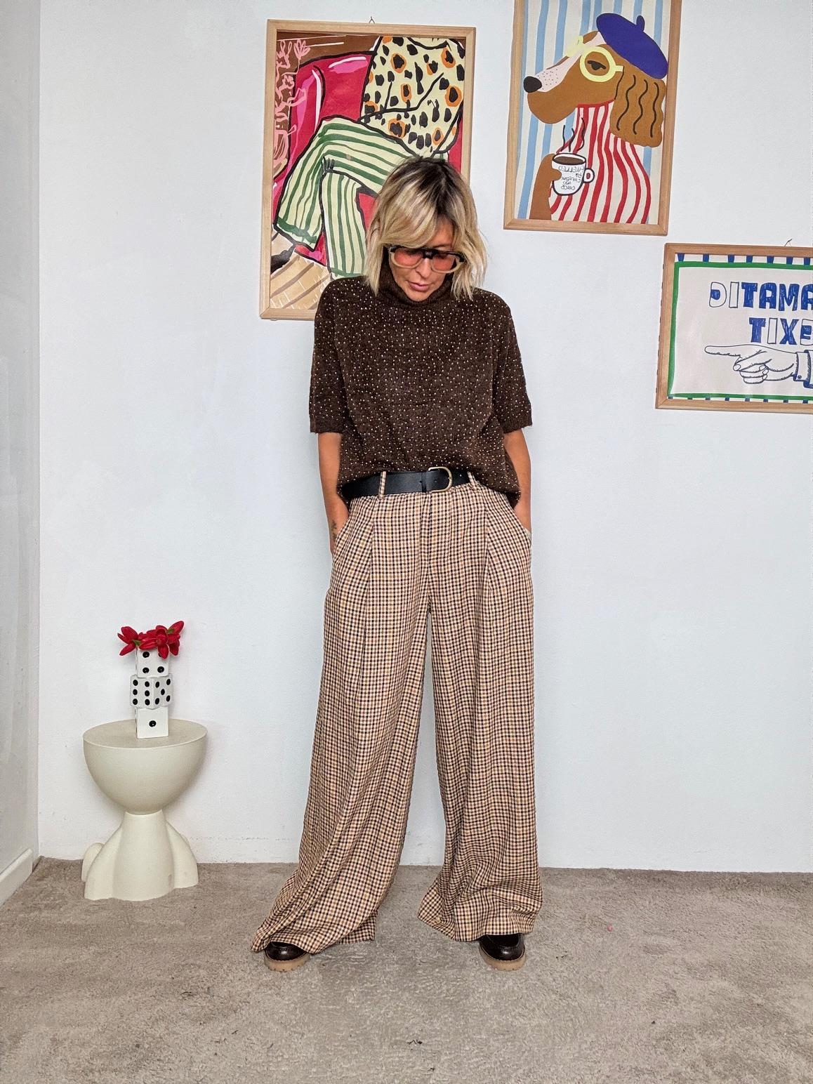 SOUVENIR - Pantalone a palazzo pied de poule  Eleganza comoda e senza tempo M38F0768/ CAMMELLO SOUVENIR 