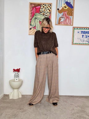 SOUVENIR - Pantalone a palazzo pied de poule  Eleganza comoda e senza tempo M38F0768/ CAMMELLO SOUVENIR 