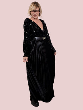 SUSY STAR - ABITO LUNGO CON TOP IN PAILLETTES E GONNA PLISSÉ  DUE ANIME, UN SOLO WOW STLS2117/ NERO SUSY STAR 