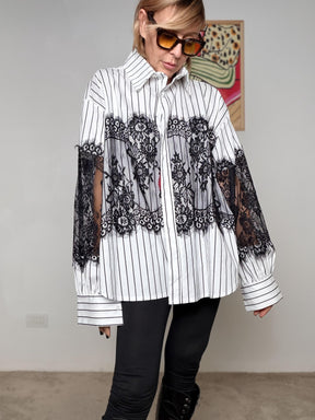 FEMALE - Camicia Over Righe e Pizzo Nero 15750-9/ RIGA NERA FEMALE 