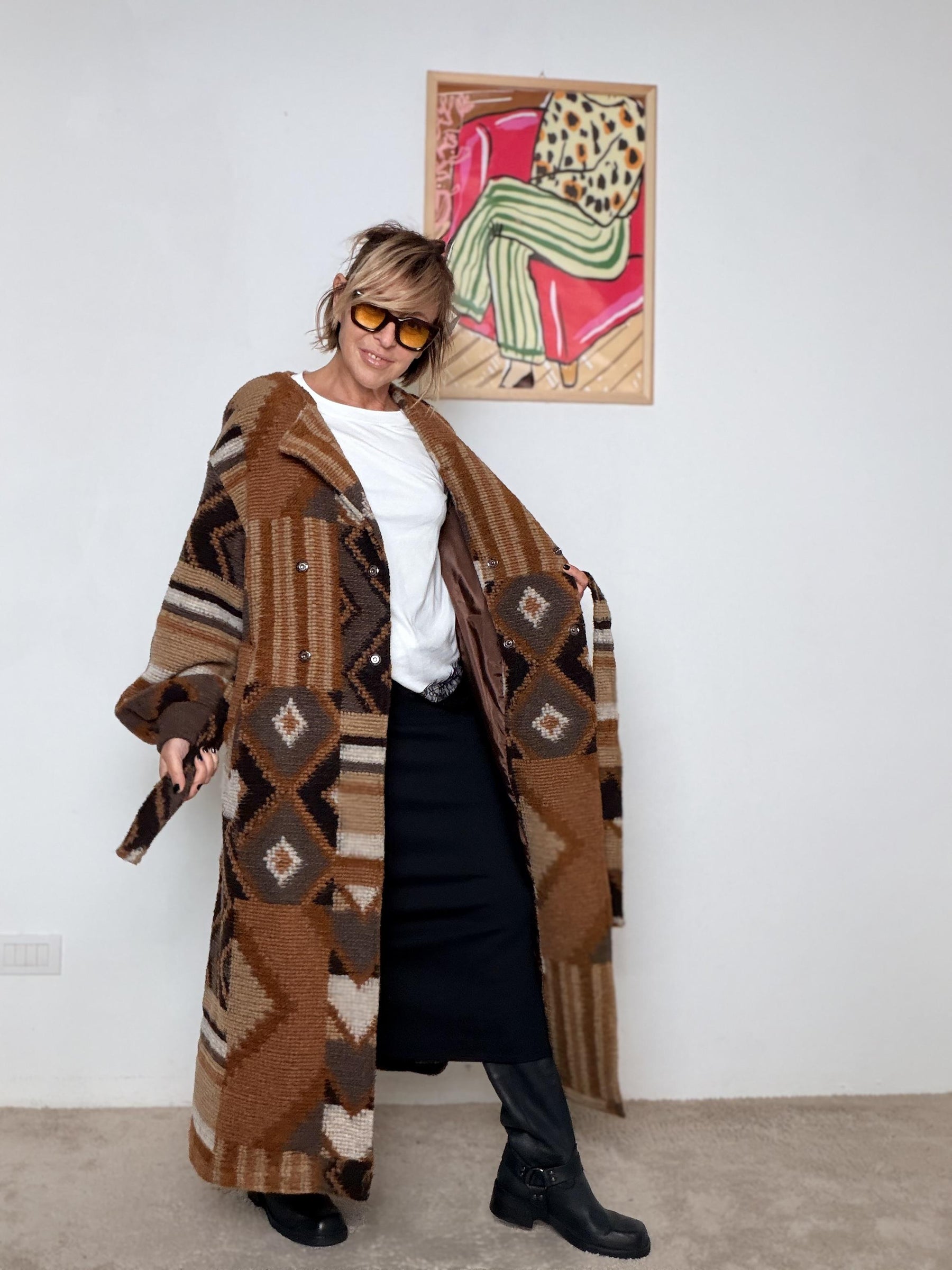 FEMALE - Cappotto Over Geometrico con Cintura A6974-H96/ FANTA CAMEL/MORO FEMALE 