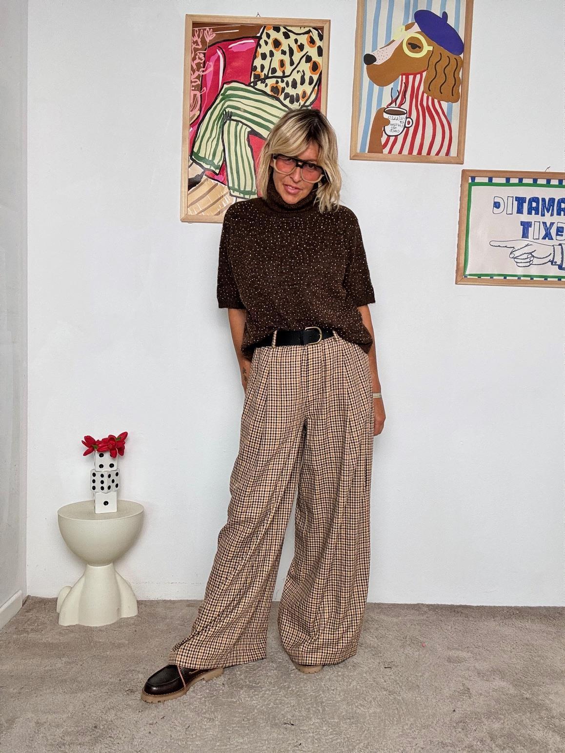 SOUVENIR - Pantalone a palazzo pied de poule  Eleganza comoda e senza tempo M38F0768/ CAMMELLO SOUVENIR 