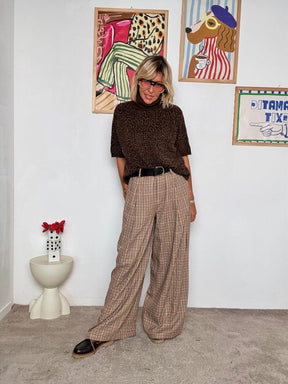 SOUVENIR - Pantalone a palazzo pied de poule  Eleganza comoda e senza tempo M38F0768/ CAMMELLO SOUVENIR 