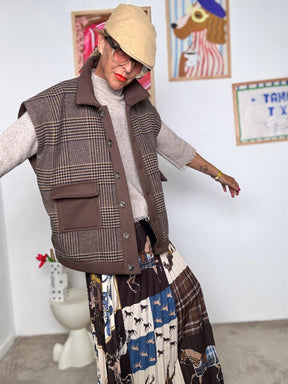 DEJA VU - Gilet Donna a Quadri Marrone  Stile Casual Chic e Versatile A25AP801/ CHECK DEJA VU 