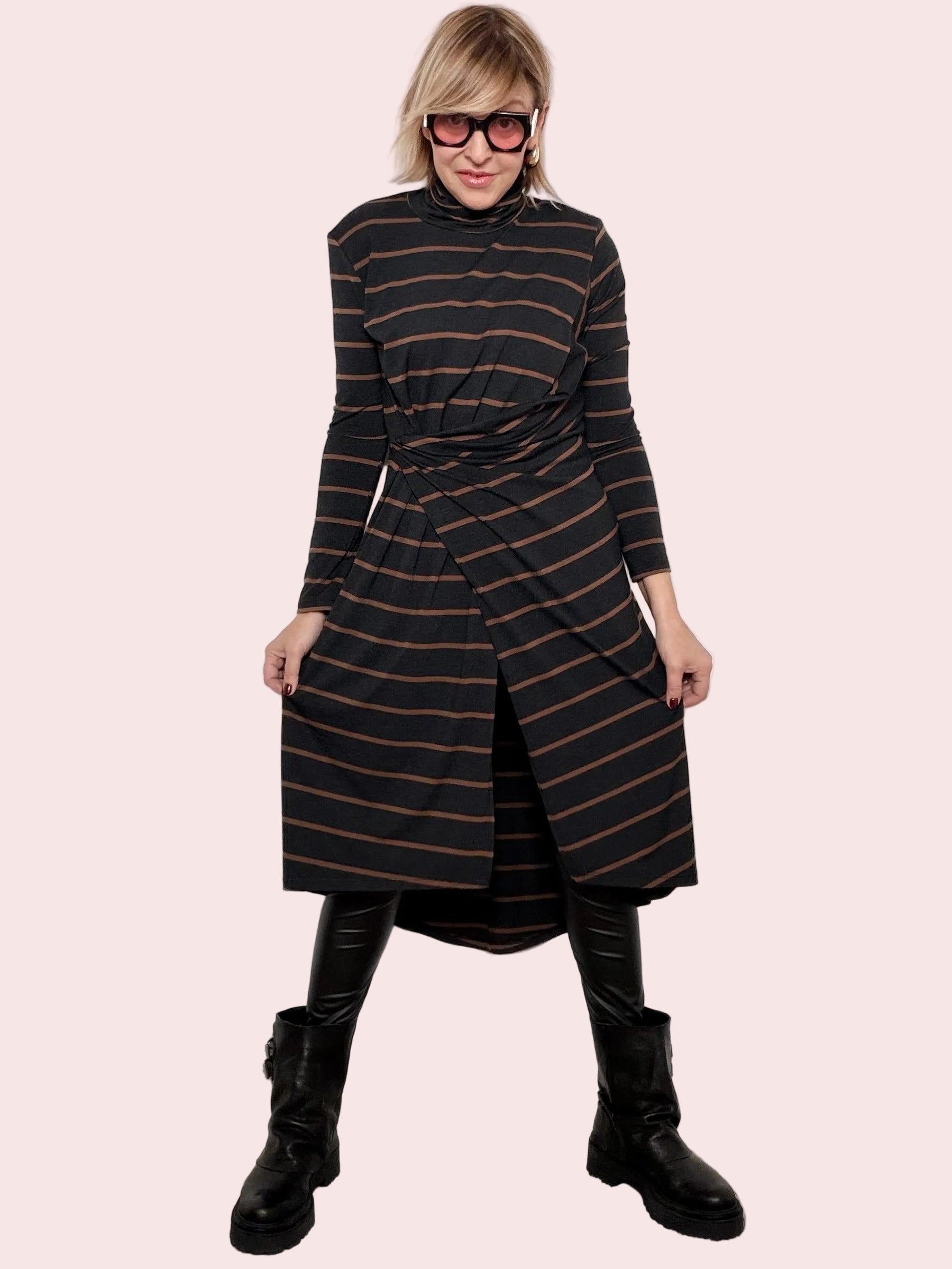 Abito midi a righe con nodo  pratico, furbo e super cool D01E0810/ GRIGIO PHILIA LOFT 