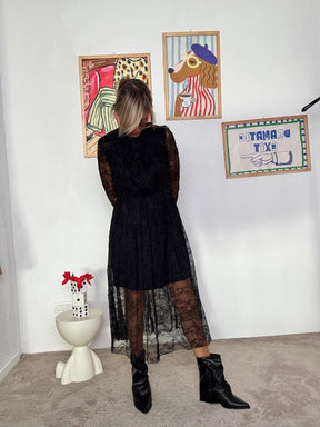 FEMALE - Abito midi in pizzo nero con trasparenze chic e nodo al collo 38560/ NERO FEMALE 
