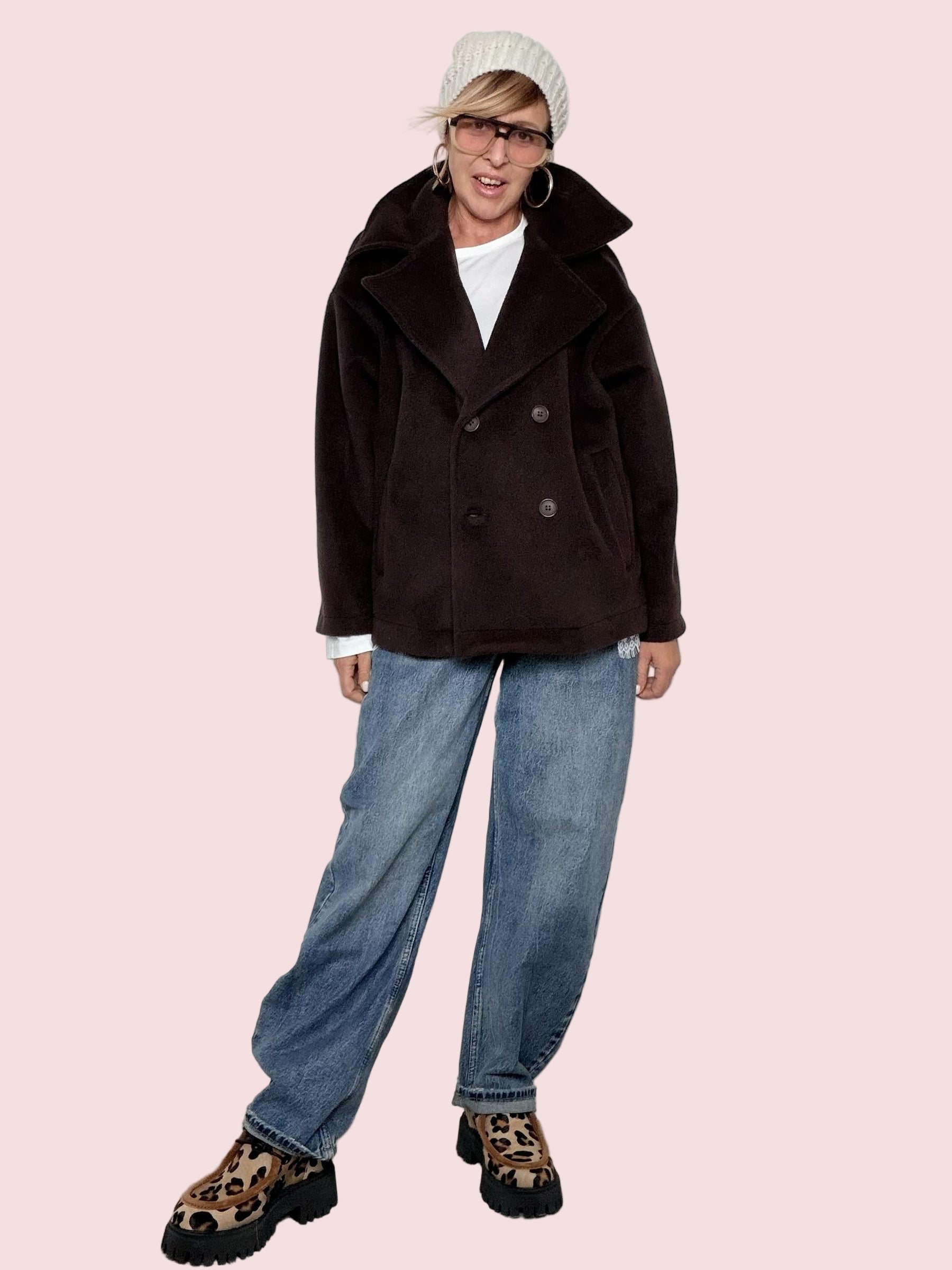 DEJA VU - Cappottino corto doppiopetto in tessuto caldo moro A25LU621/ MORO DEJA VU 