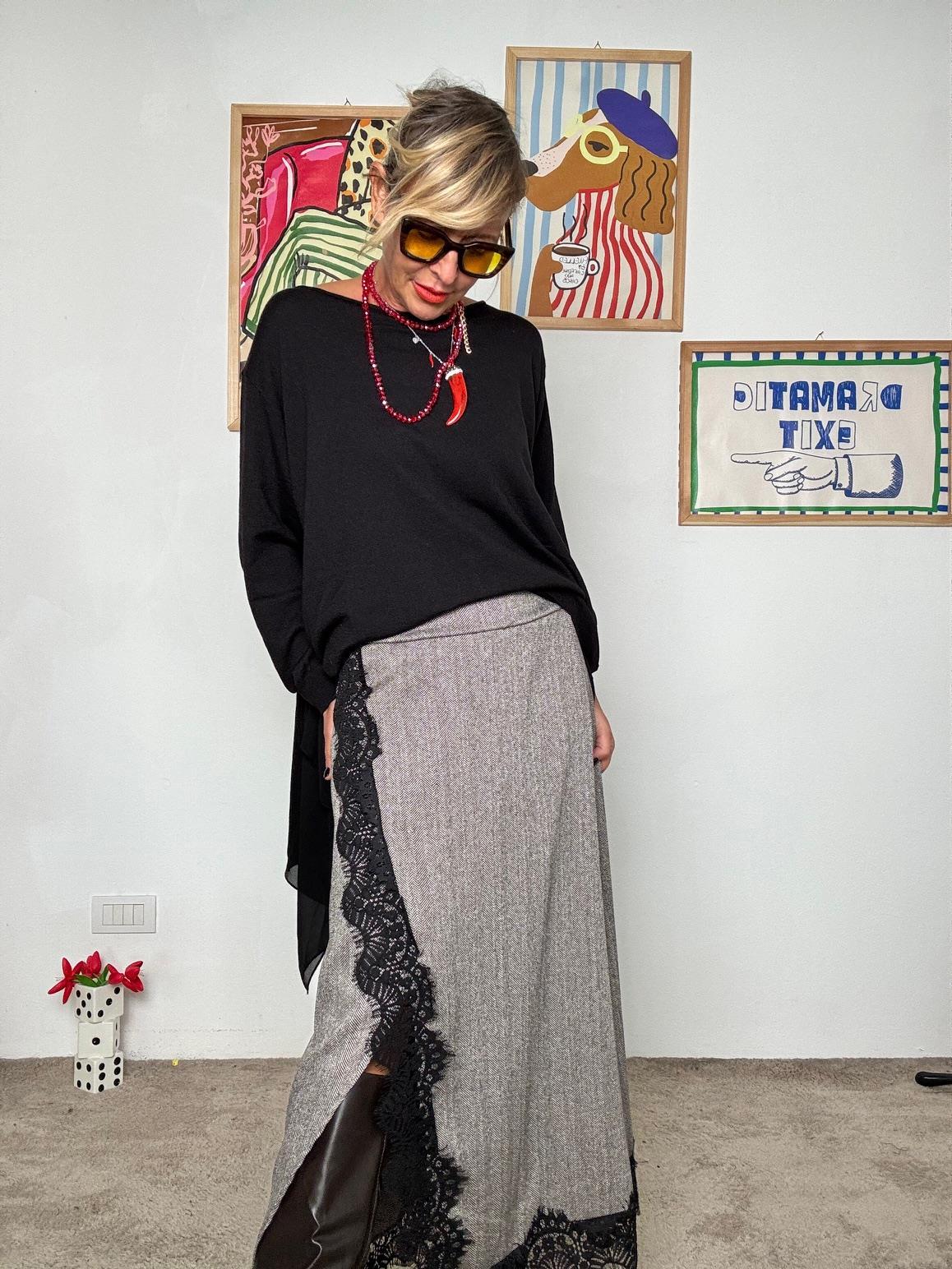 FEMALE  - Gonna lunga con inserto in pizzo coin vele A7893-C17/ SPIGATA BROWN FEMALE 