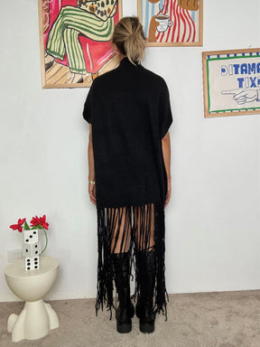 FEMALE - Abito Poncho con Maxi Frange  Boho, Morbido, Super Scenografico! ZM35098/ NERO FEMALE 