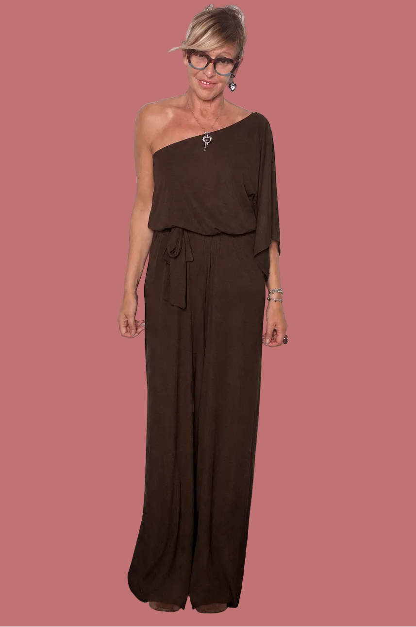 Tuta monospalla e pantalone palazzo color moro Susy Star