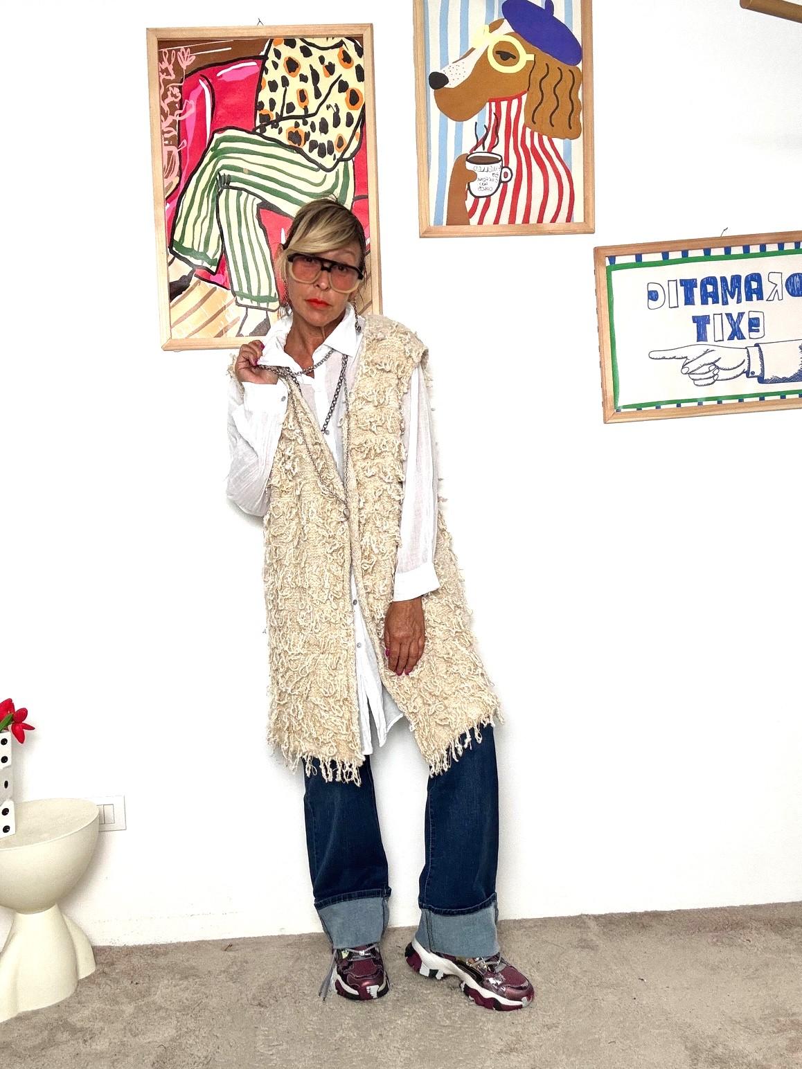 SUSY STAR - Gilet lungo in lana bouclé beige  stile boho chic ST3WB181/ CREMA SUSY STAR 