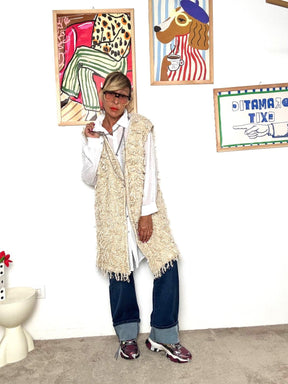 SUSY STAR - Gilet lungo in lana bouclé beige  stile boho chic ST3WB181/ CREMA SUSY STAR 