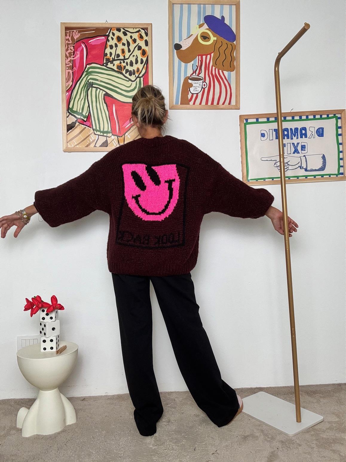 FEMALE - Maglia oversize bordeaux con smile rosa 1598/ BORDEAU FEMALE 