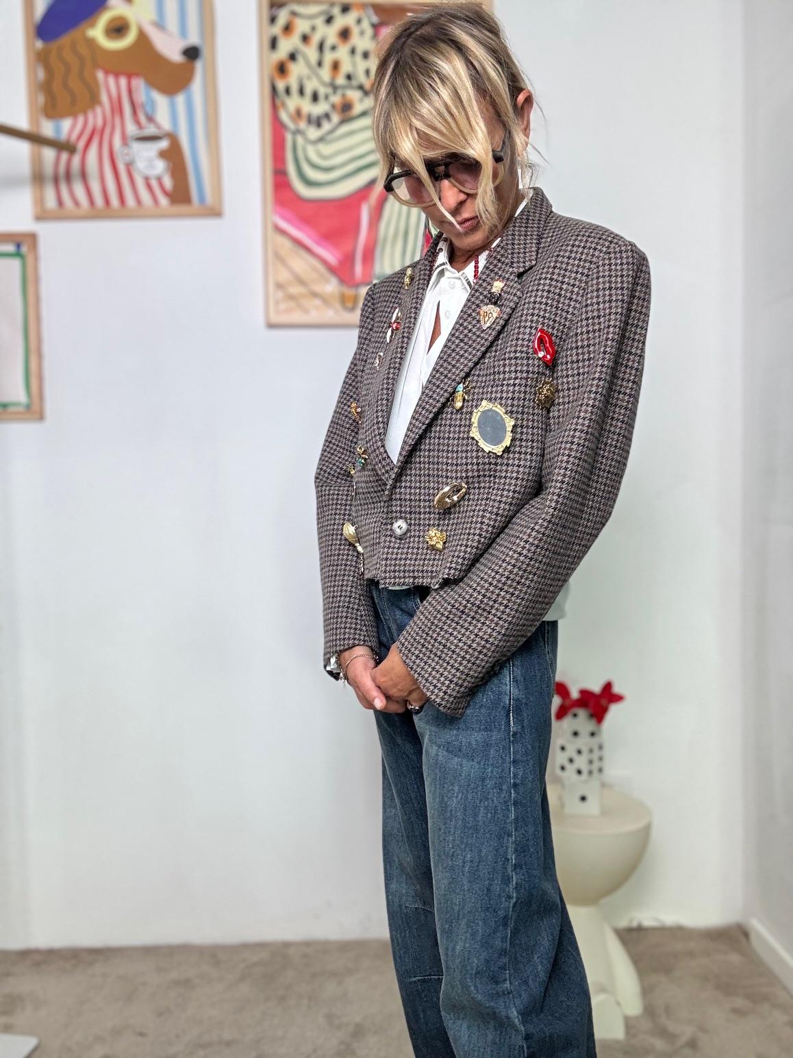 SOUVENIR - Giacca Doppiopetto a Quadri con Spille Vintage F38X0145/ FANTASIA SOUVENIR 