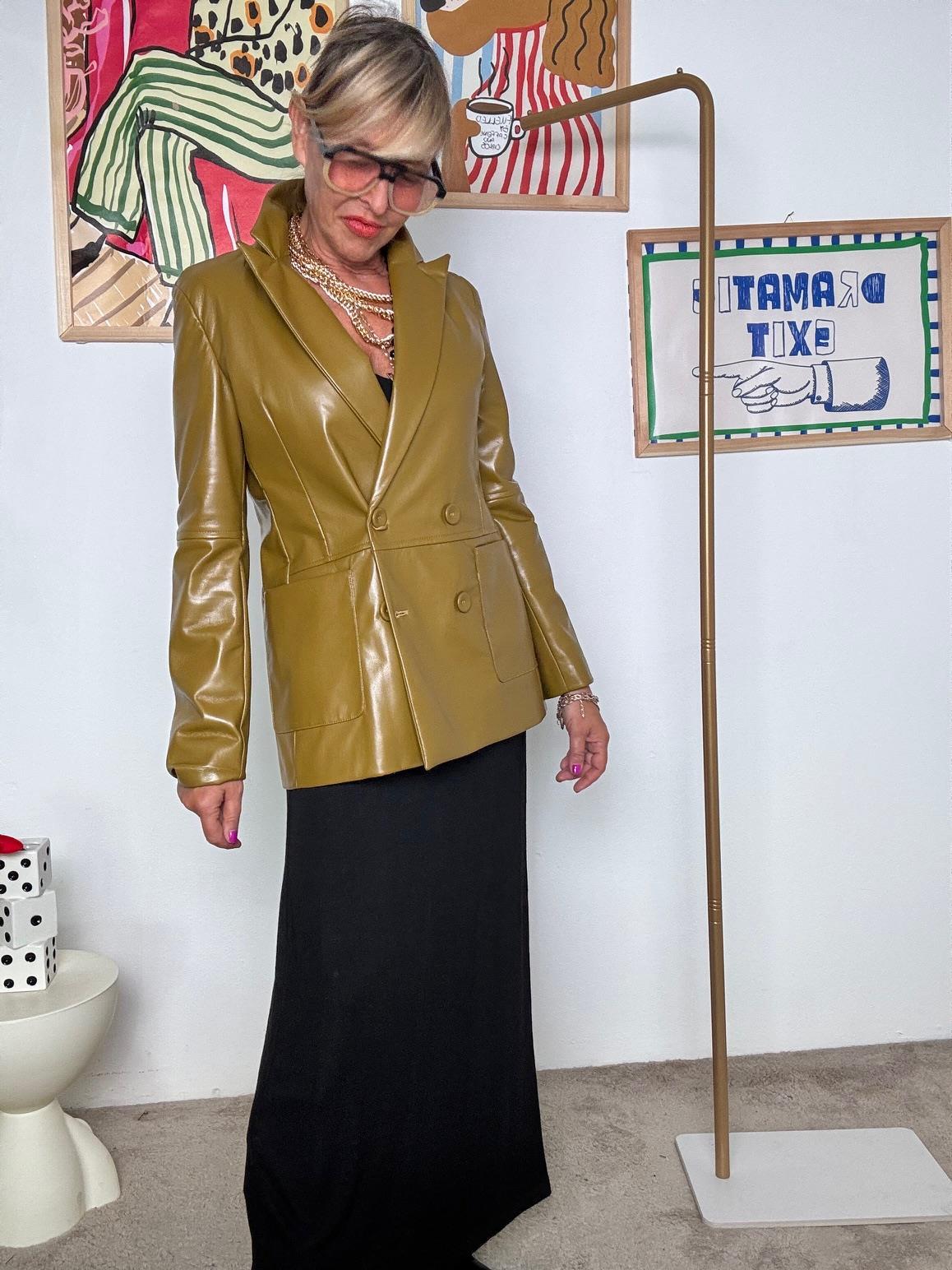 HAVE ONE - Giacca doppiopetto in ecopelle  Verde oliva JMI-P026/ COGNAC HAVE ONE 