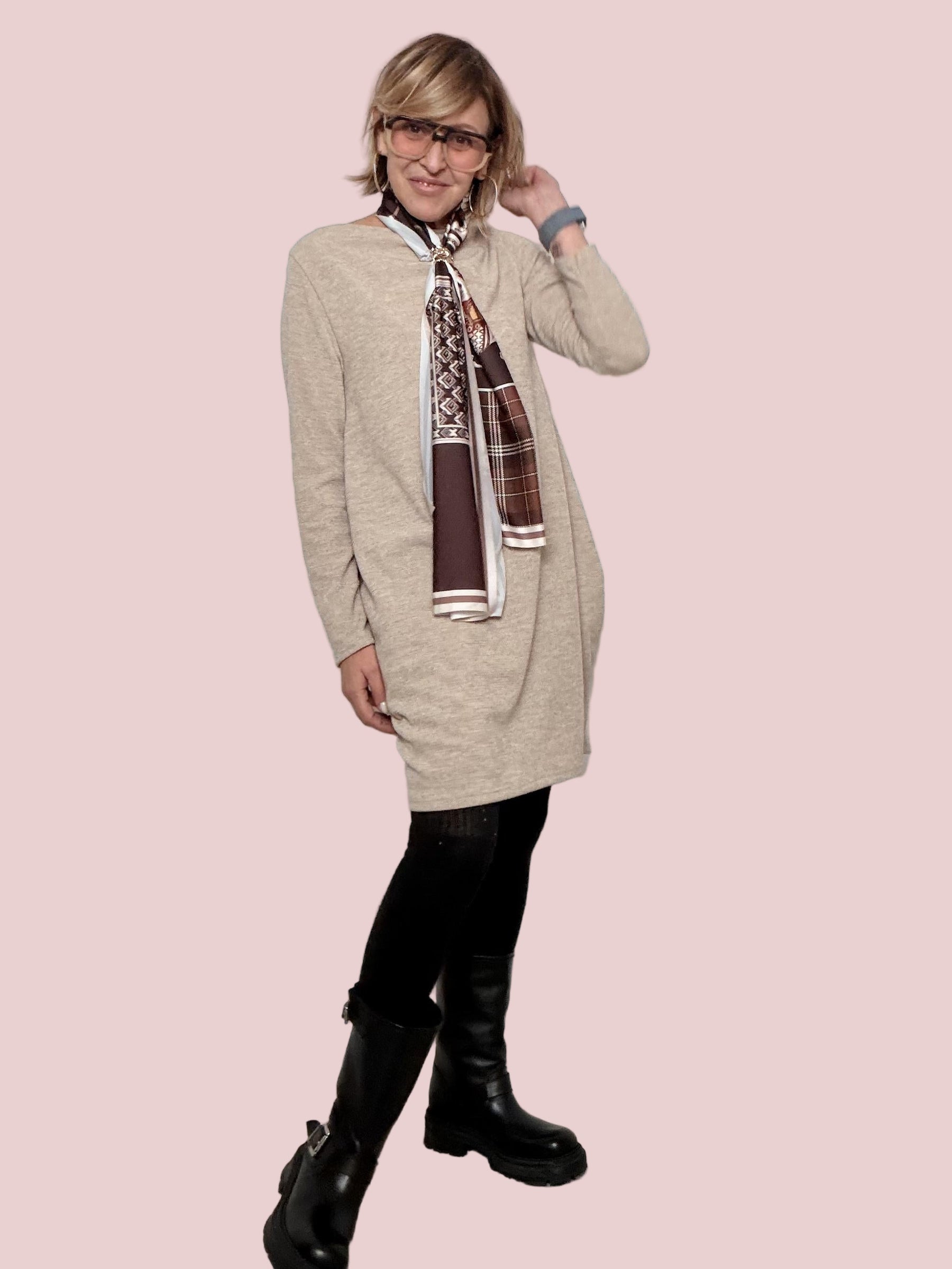 FEMALE - ABITO CON FOULARD  ELEGANZA EASY DAL TOCCO PARIGINO 15081-1/ FANGO FEMALE 