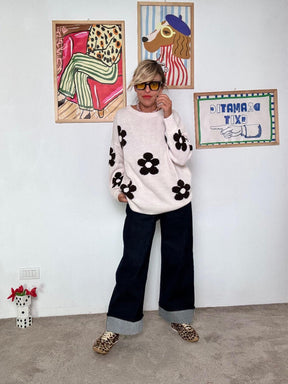 DEJA VU - Maglia oversize con maxi fiori panna A25SS408/ PANNA DEJA VU 