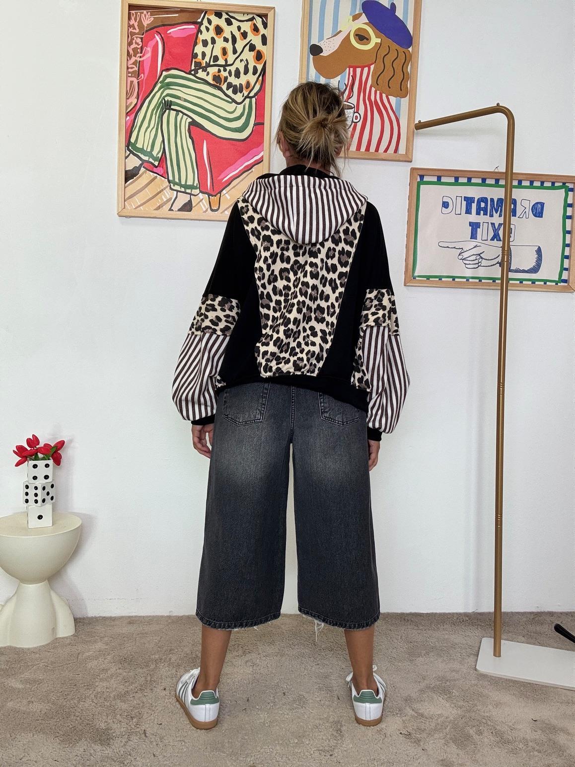 FEMALE -Felpa oversize fantasia animalier e righe R51236/ NERO MULTI FEMALE 