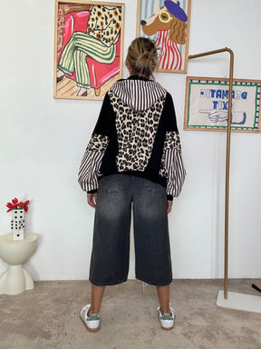 FEMALE -Felpa oversize fantasia animalier e righe R51236/ NERO MULTI FEMALE 