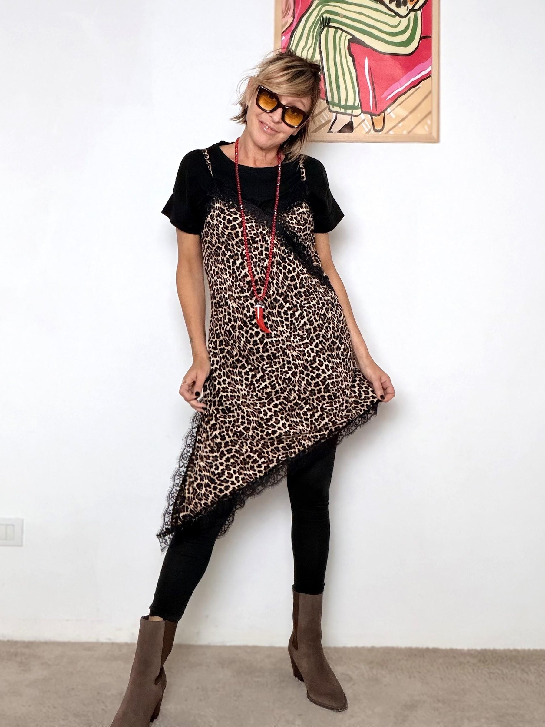 FEMALE -Abito Animalier con Pizzo Asimmetrico 18990-3/ ANIMALIER FEMALE 