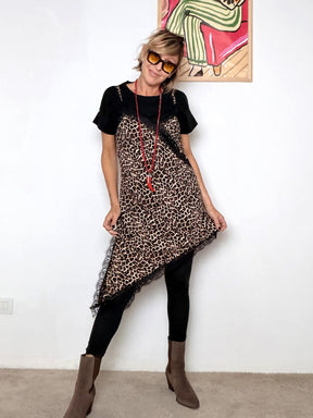 FEMALE -Abito Animalier con Pizzo Asimmetrico 18990-3/ ANIMALIER FEMALE 