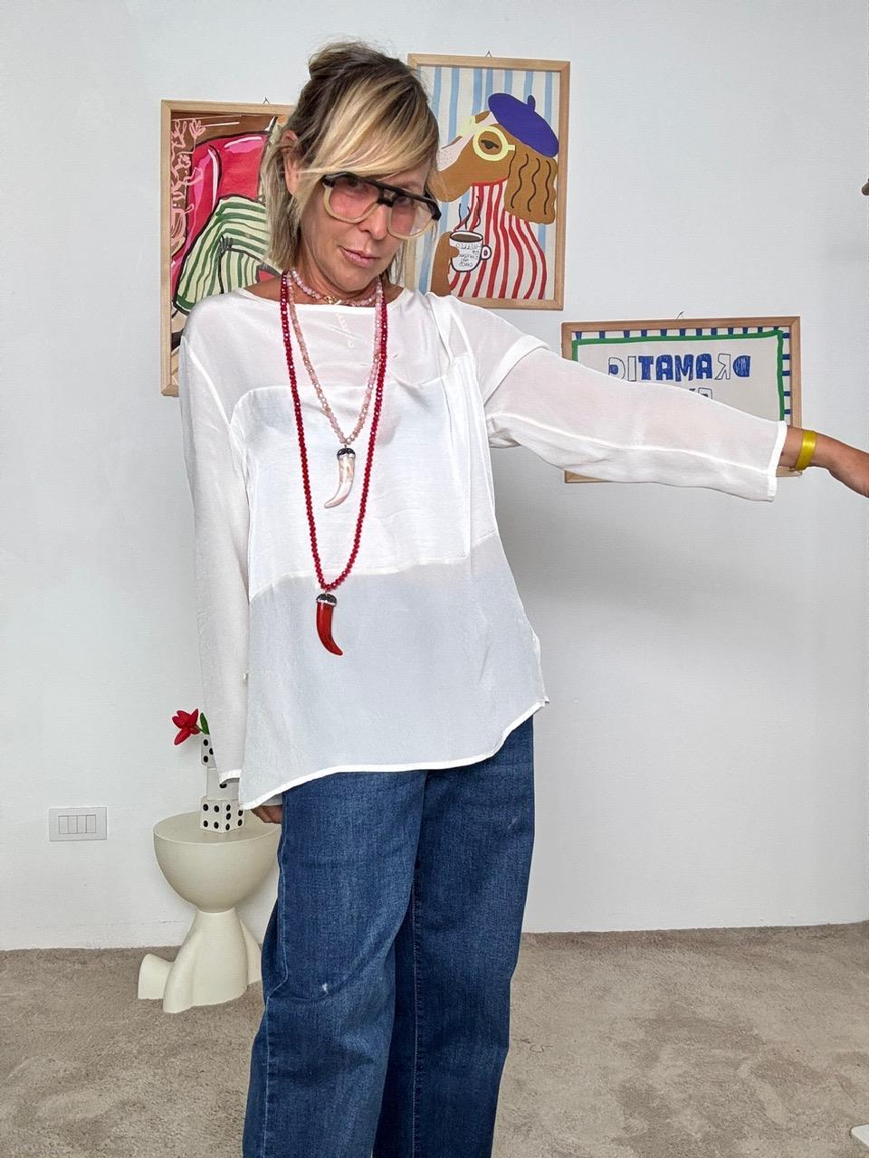 DEJA VU - Camicia bianca donna in satin  elegante, leggera e super versatile A25AN109/ PANNA DEJA VU 