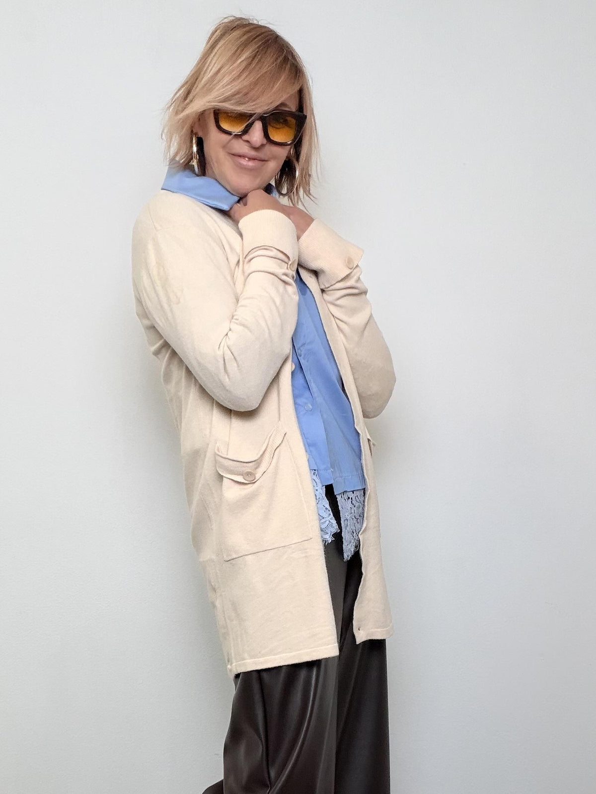 Cardigan lungo con tasche utility ZM1599/ CREMA FEMALE 