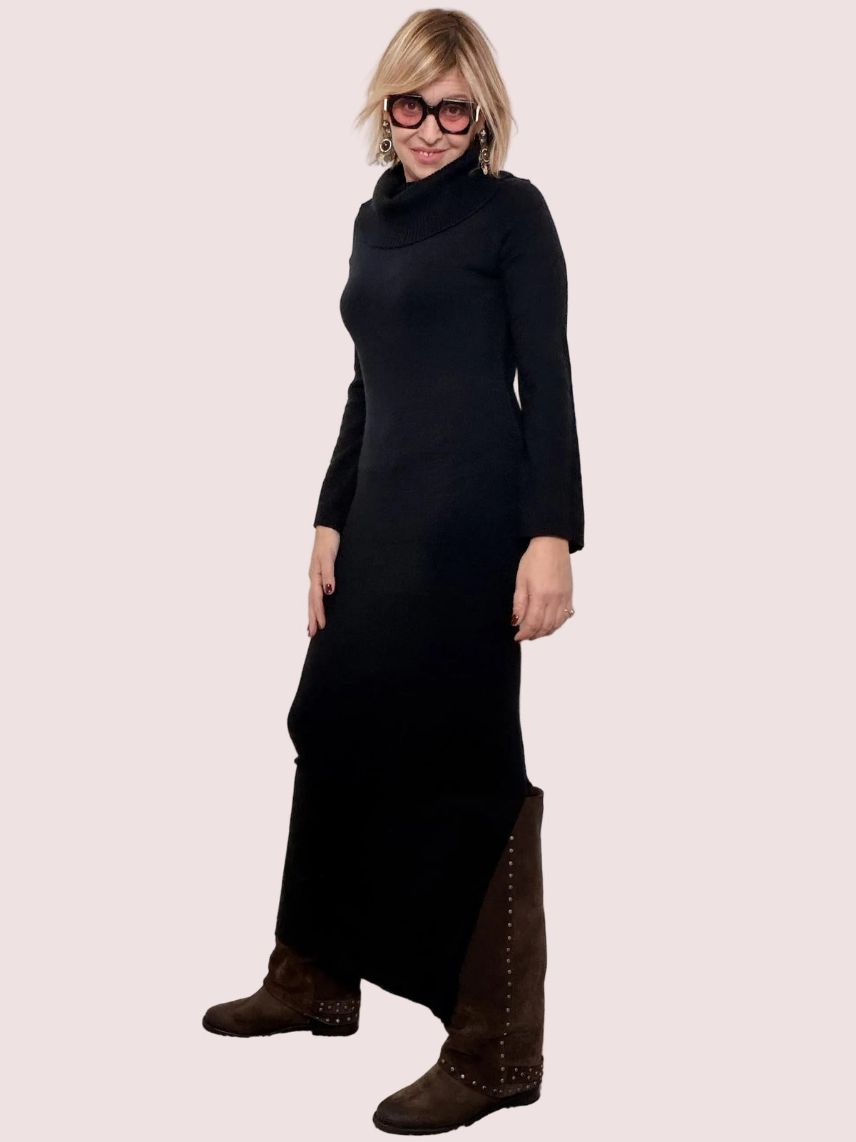 Abito Lungo in Maglia con Collo Avvolgente ZM190006/ NERO FEMALE 