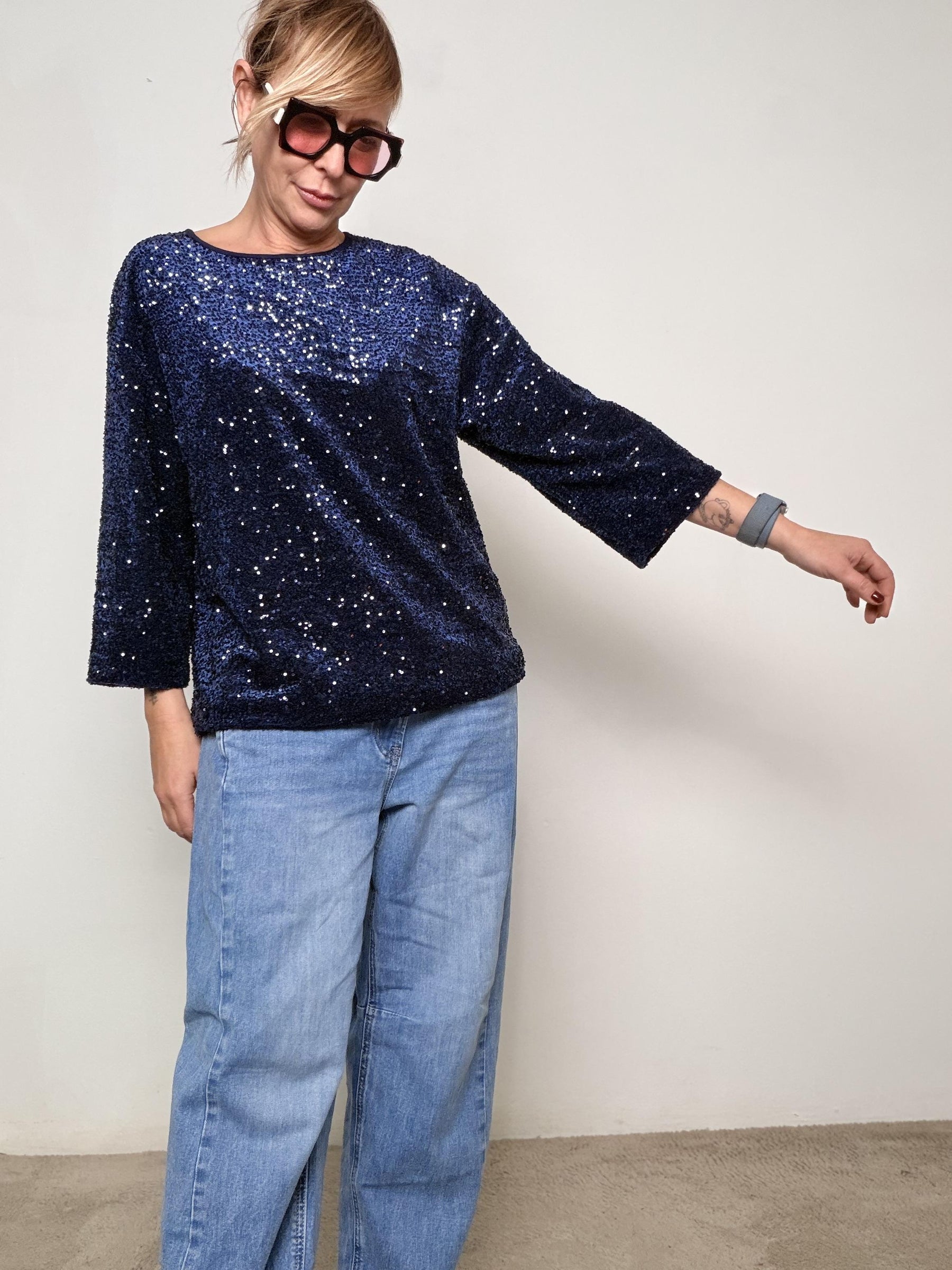 DEJA VU - Maglia  over  paillettes effetto luce A25DL414/ BLU DEJA VU 