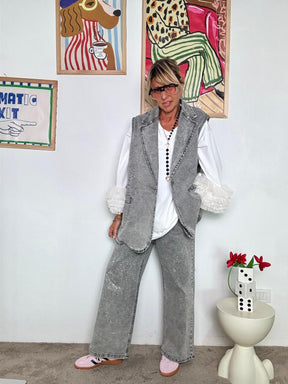 SUSY STAR - Gilet Denim Effetto Lavato con Dettagli Glitter  Rock Chic da Indossare! ST3021/ GRIGIO SUSY STAR 