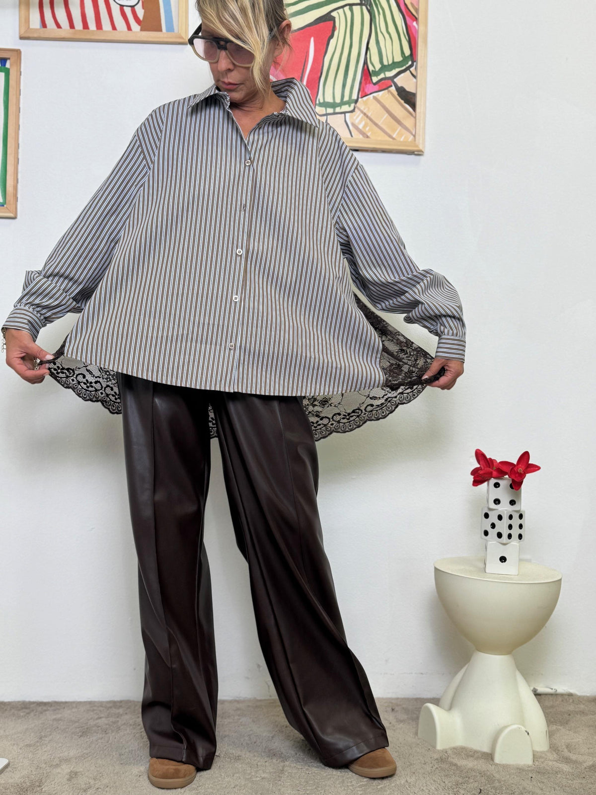 SUSY STAR - Camicia Over a Righe con Schiena in Pizzo CA1169SST975/ MARRONE SUSY STAR 