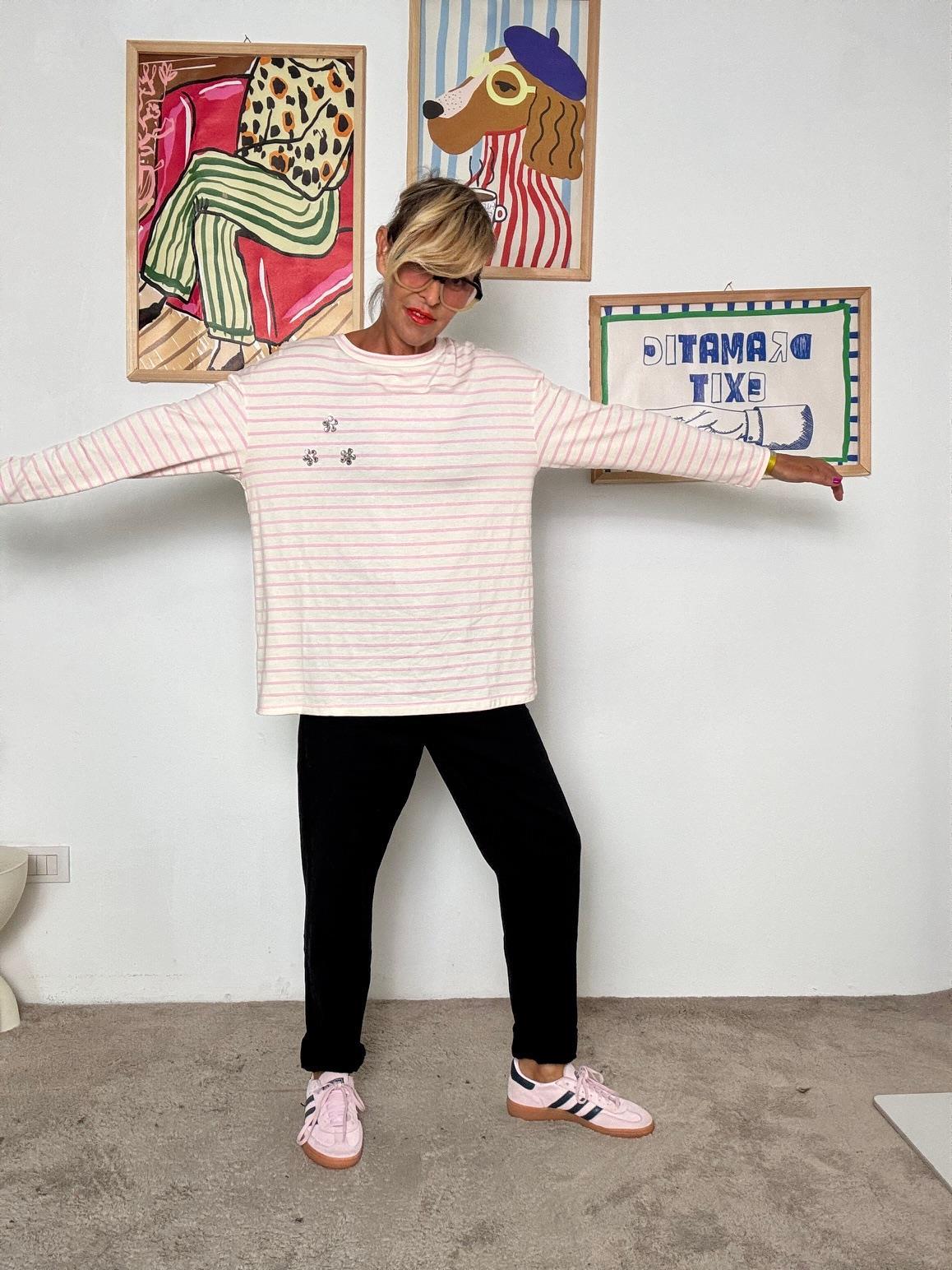 DEJA VU - T-SHIRT MANICA LUNGA BIANCA E ROSA DL407/ RIGA ROSA DEJA VU 