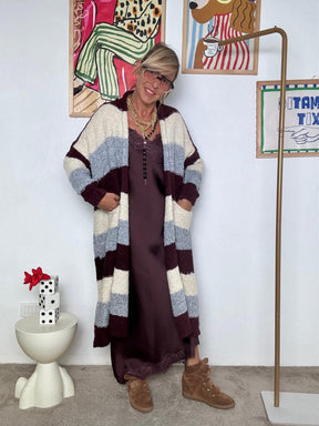 SUSY MIX -Cardigan lungo oversize a righe  Bordeaux, grigio e panna 3W06/ VINO SUSY MIX 