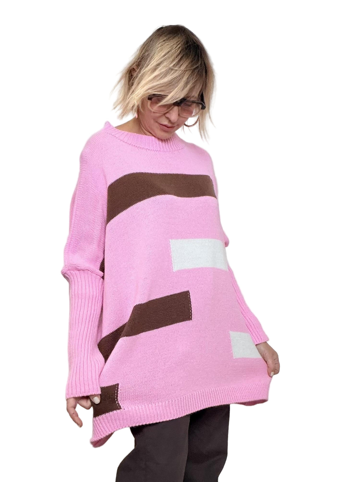 FEMALE - MAGLIA OVER FANTASIA GEOMETRICA  ARTE ADDOSSO, COMFORT GARANTITO 8056/ ROSA FEMALE 