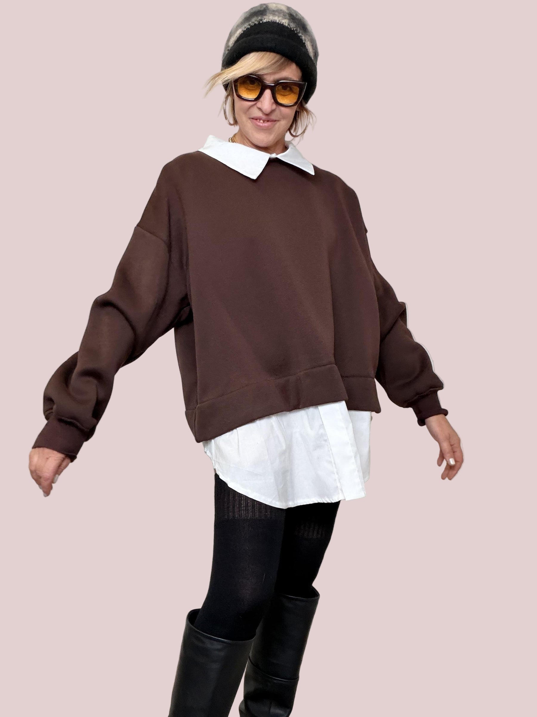 FEMALE  - FELPA FAKE SHIRT CON CAMICIA CUCITA MORO LD2260/ MORO FEMALE 