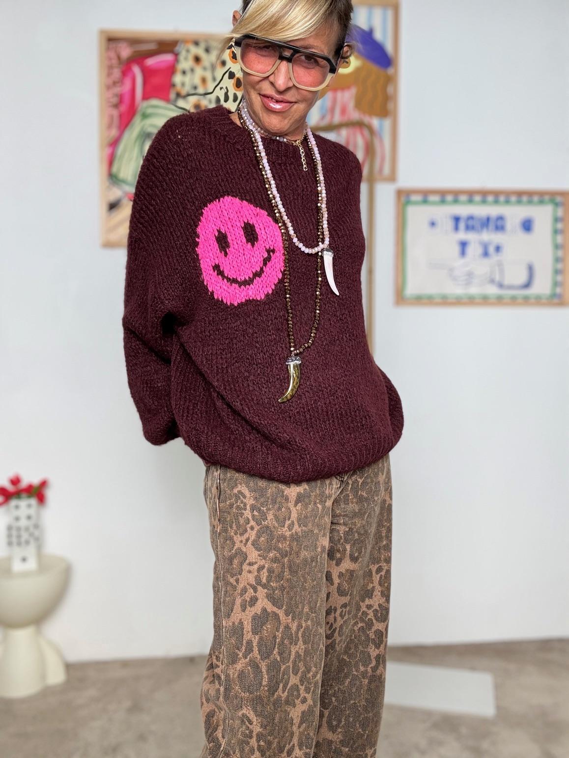 FEMALE - Maglia oversize bordeaux con smile rosa 1598/ BORDEAU FEMALE 