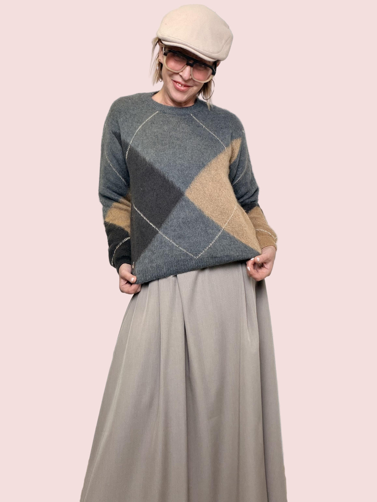 Maglia a rombi nei toni del grigio e cammello Z38R0177/ ANTRACITE SOUVENIR 