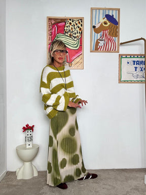 FEMALE - Gonna lunga plissettata con maxi pois  OLIVA  stile creativo e femminile 17126YS-90/ POIS OLIVA FEMALE 