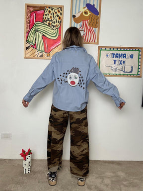 SOUVENIR - Camicia con ricamo viso pop X38K0150/ CELESTE SOUVENIR 