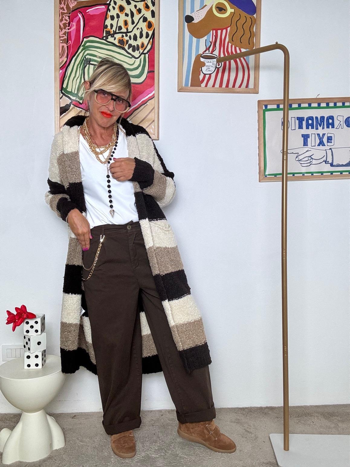 SUSY MIX -Cardigan lungo oversize a righe  marrone panna beige e nero 3W06/ MORO SUSY MIX 