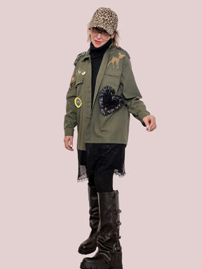 FEMALE - Camicia vintage verde militare con patch  stile grintoso e originale U7N/ VERDE MILITARE FEMALE 
