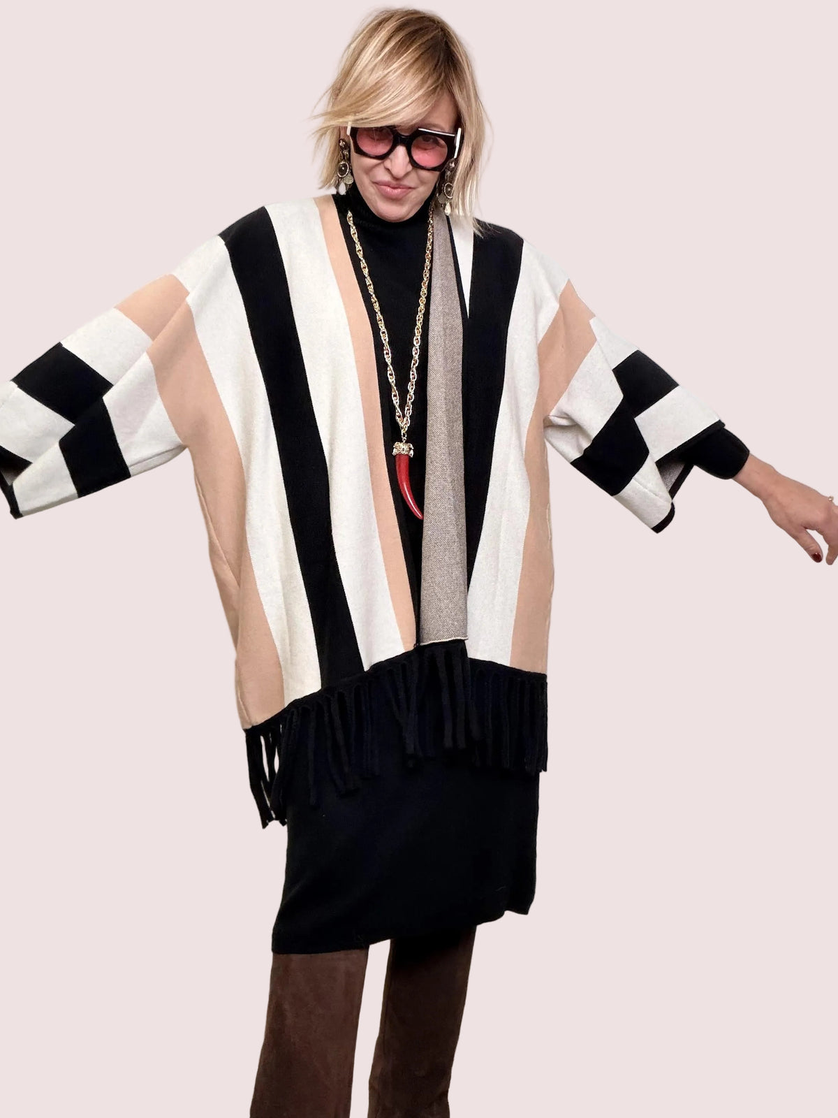 Cardigan Oversize a Righe con Frange ZS5331/ PANNA FEMALE 