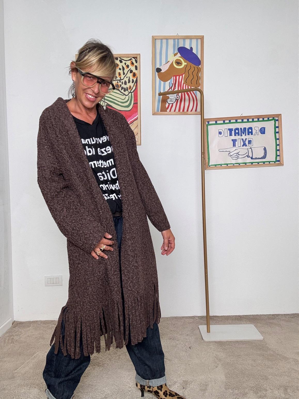 FEMALE - Cardigan lungo donna con frange  stile casual chic e originale moro L5M253/ MORO FEMALE 