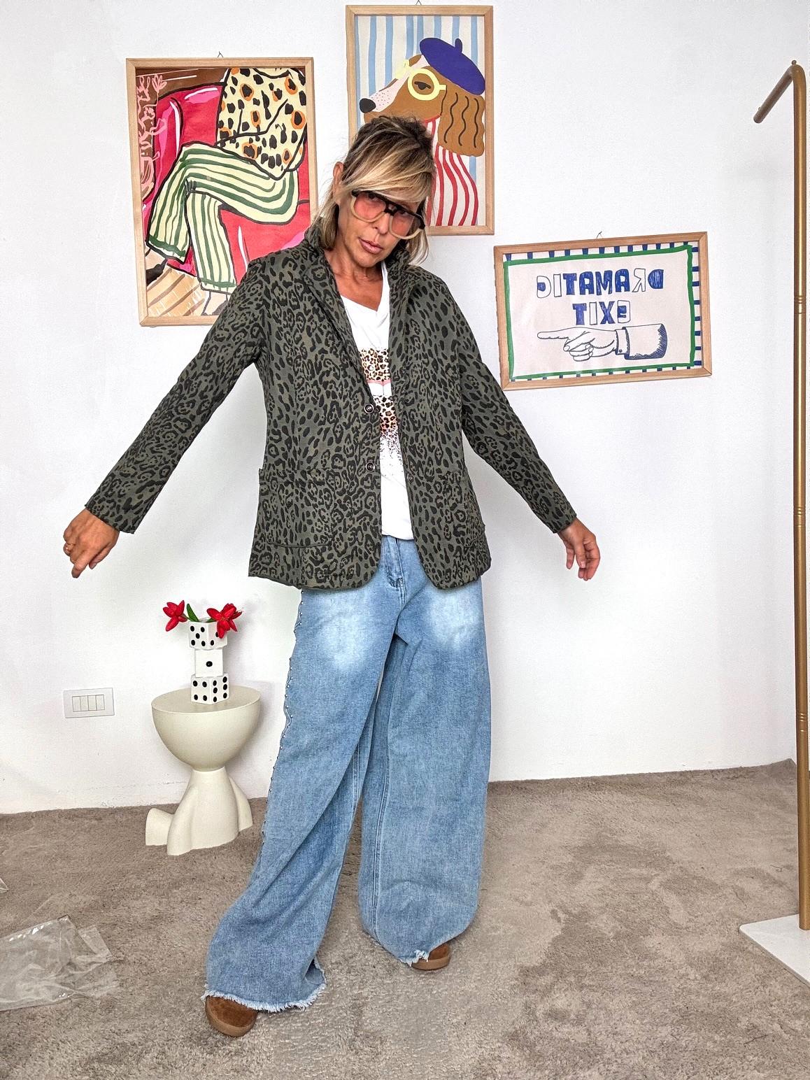 SUSY STAR - Giacca leopardata donna  blazer animalier casual chic VERDE ST50152/ VERDE SUSY STAR 