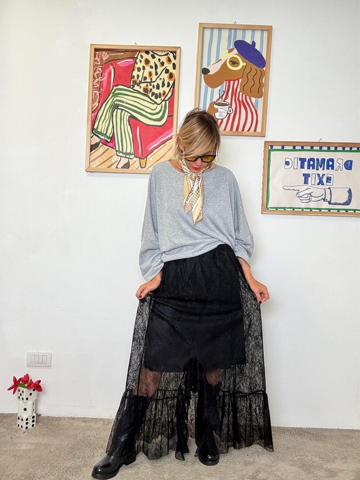 DEJA VU - Gonna lunga in pizzo con doppio effetto NERO A25AN302/ NERO DEJA VU 