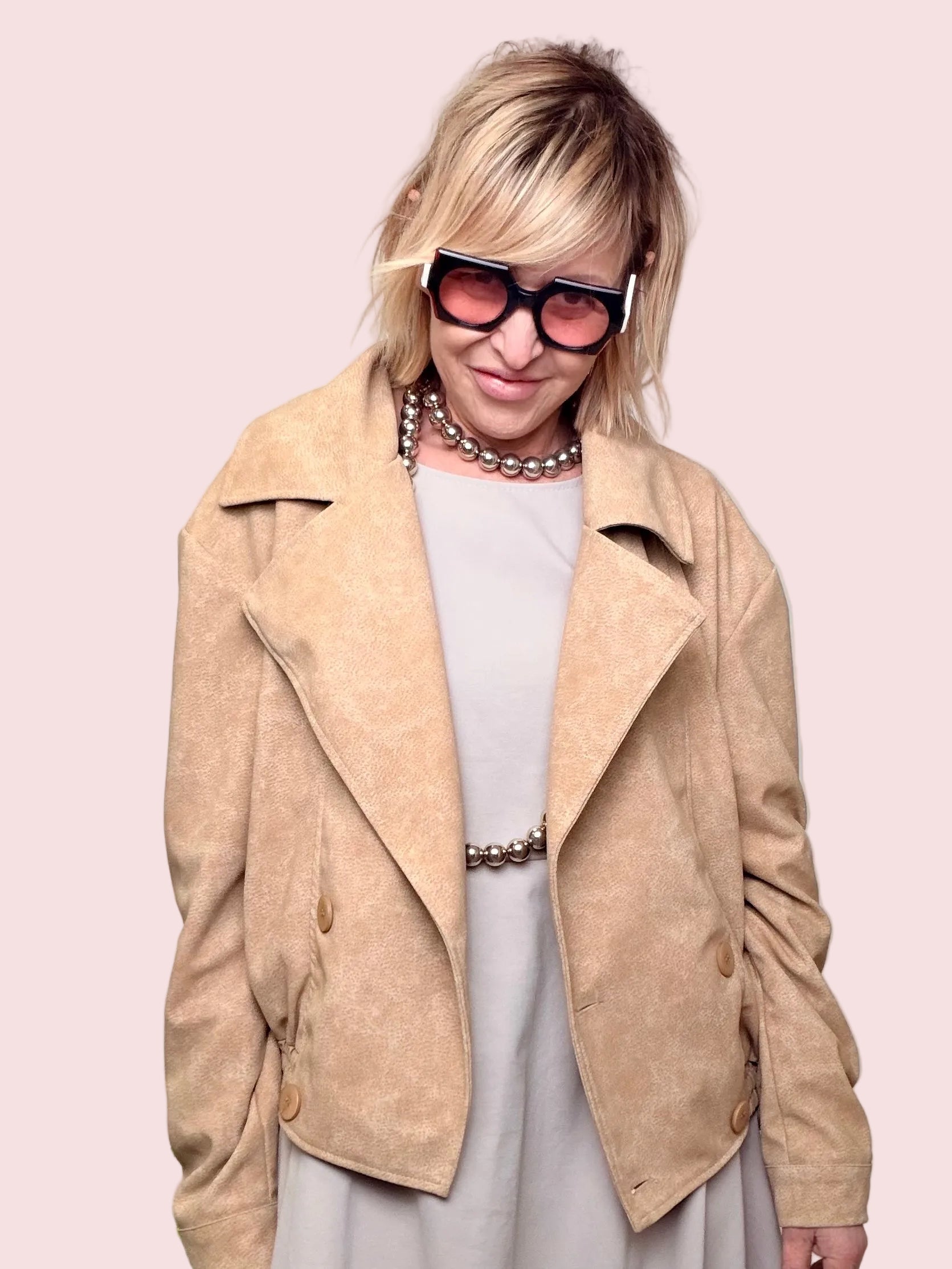 Chiodo Oversize in Crosta di Camoscio Beige